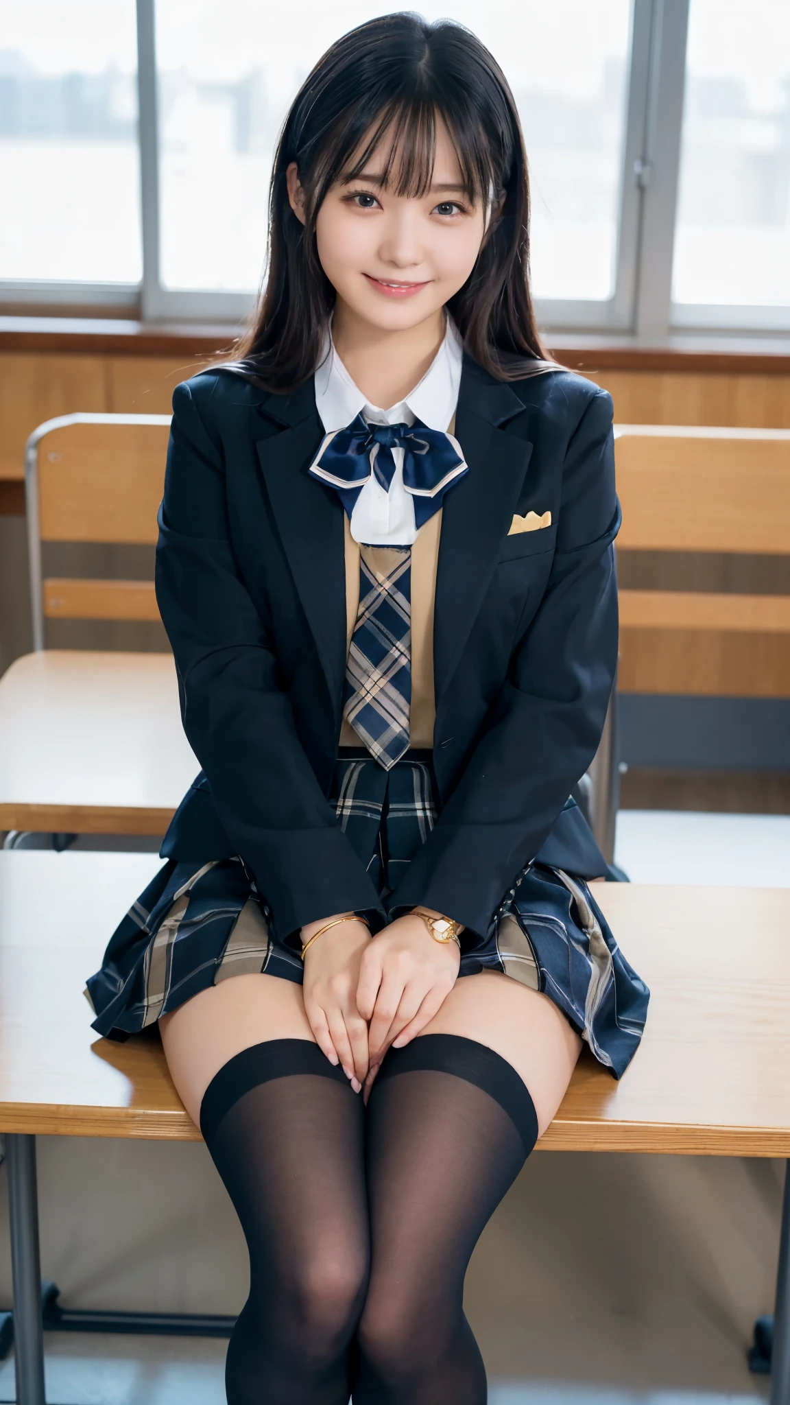(Highest quality, 4K, 8k, High resolution, masterpiece, Genuine, Realistic, Realistic:1.3), only body image:1.5, (Focused downer body, only body image), Girl sitting on the school desk in classroom, blue neckerchief Uniform, Dark Blown Blazer, blown plaid skirt, Gal Makeup, wearing oversize dark sweater amd white collared shirts, dark black pantyhose, black loafers, ((yellow hair:0.2)), Gold Bracelets, 19-year-old, bangs, grin,Thighs, knees, From below, pinching skirt:0.7, black lon socks, open legs:0.8,