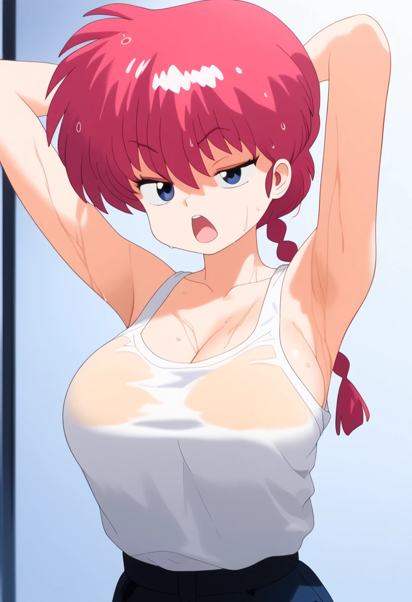 1 girl,  Ranma saotome ,  red hair,  hair with a braid,  blue eyes,  detailed eyes ,  big breasts,  NSFW,  detailed face ,  huge and soft breasts, desnuda, room, white tank top, Sexy shirt ,  arms up,  hands behind the head, wet, wet hair, half-closed eyes,  hair on the face,  lavender purple eyelids,  transparent clothes, ropa miy wet,  breast silhouette in clothes, Open mouth talking 