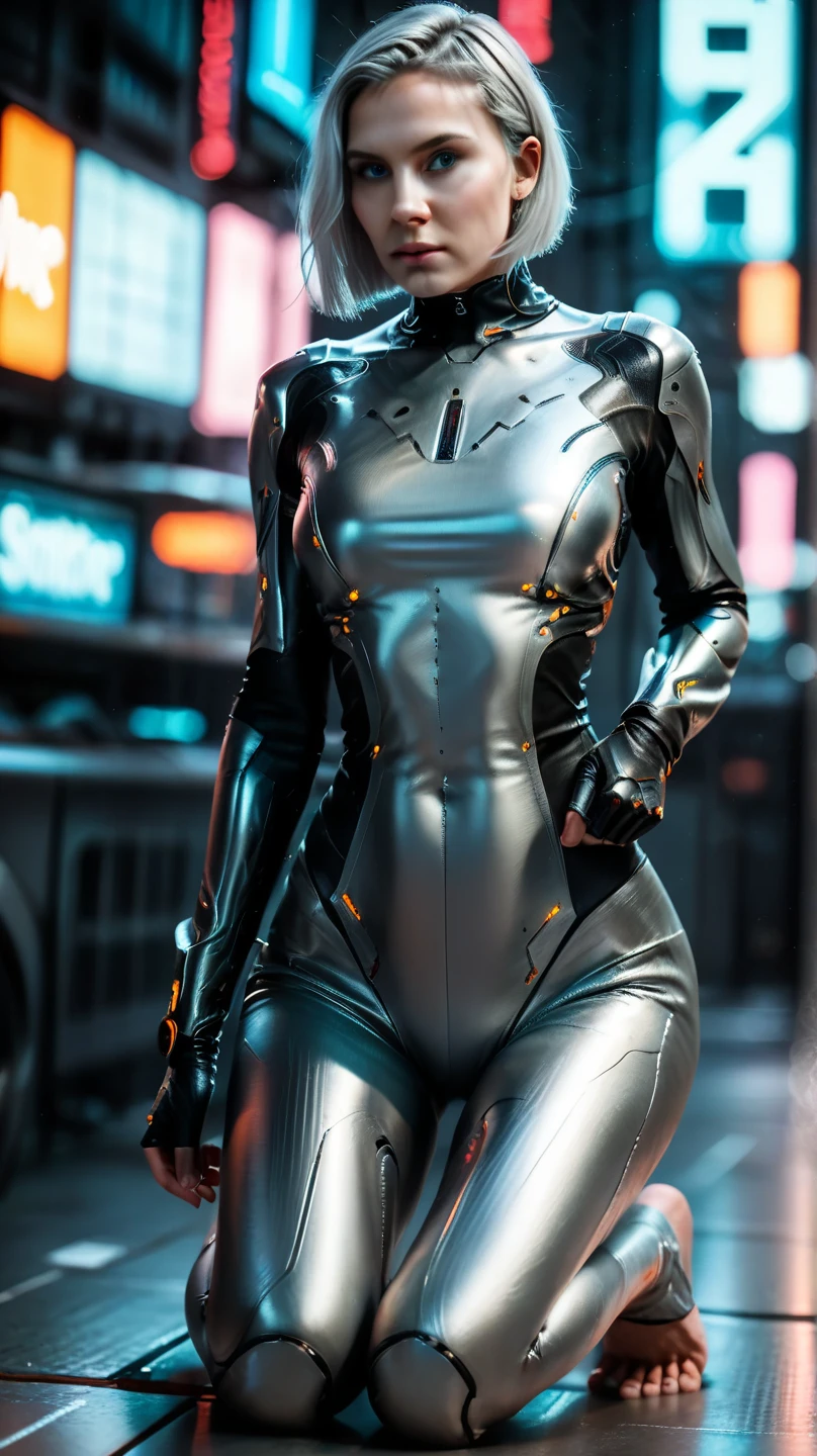 a beautiful woman with short silver hair, piercing blue eyes, sculpted facial features, cybernetic enhancements, wearing a sleek silver bodysuit, bare feet,running on ledge of skyscraper in a futuristic cityscape with neon lights, (best quality,4k,8k,highres,masterpiece:1.2),ultra-detailed,(realistic,photorealistic,photo-realistic:1.37),cinematic lighting, highly detailed, sci-fi, cyberpunk, dramatic pose