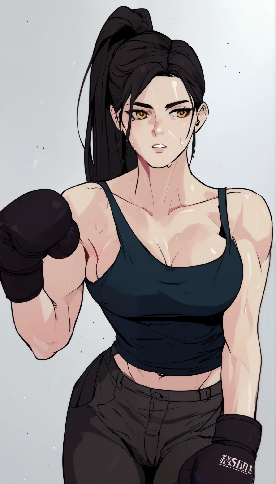 black hair,masterpiece,best quality,highres,ultra-detailed,aashizue,yellow eyes,long hair,cargo pants,(tank top:1.2), boxing gloves,cleavage,toned, sweating, (sleeveless:1.4),cowboy shot,