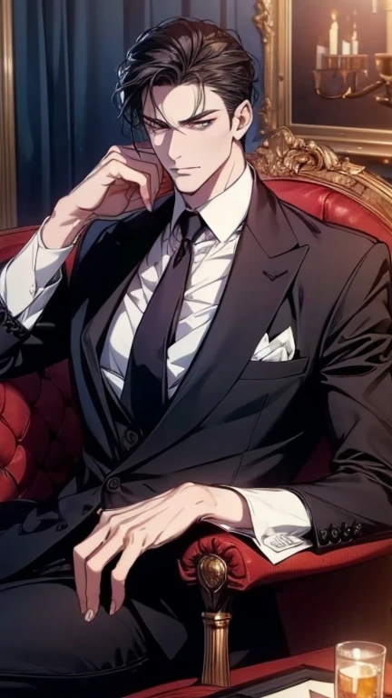 a tall angry masculine man in a suit, sitting in a chair, bulge in trousers, low angle shot, cinematic dramatic lighting, photorealistic, 8k, high detail, chiaroscuro lighting, evil smile, white hair, red eyes, focus on bulge, very detailed face, bright eyes