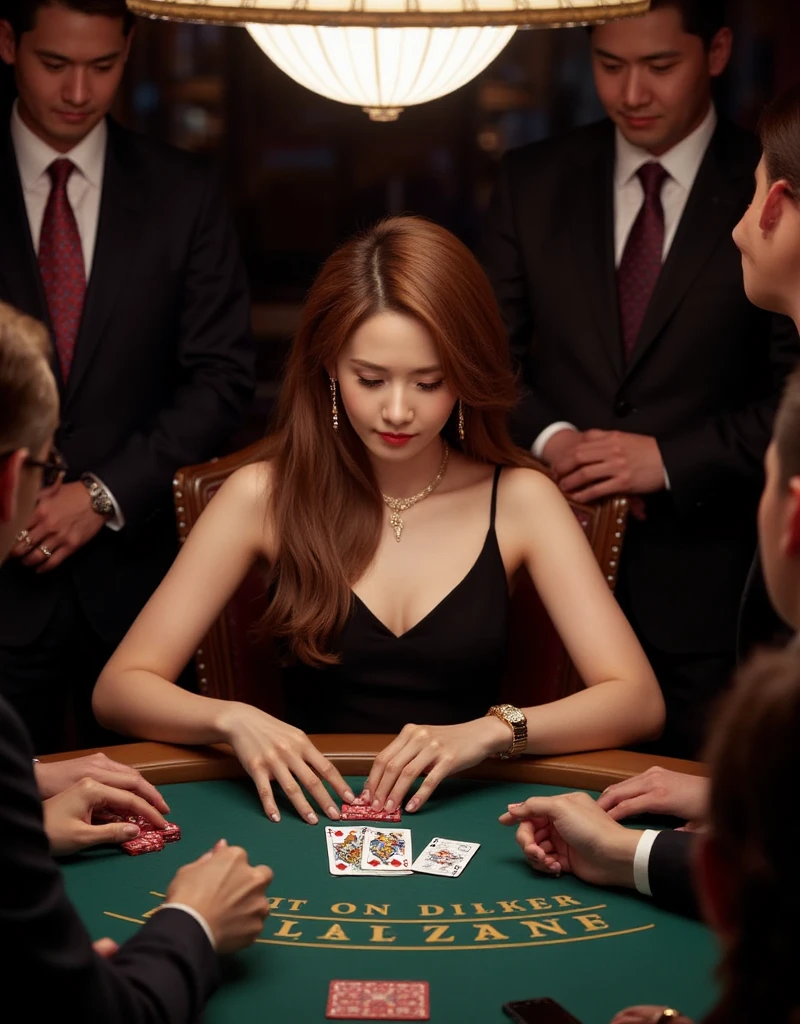 From above view, gaze trump card, 1 girl, mature female, Yoona Makina, long hair, gold earring and neck-less, lady watch , black evening dress,play gamble, trump Poker game , in casino, many guest looking her (masterpiece, Highest quality, masterpiece, God-like quality, Godly art, Very realistic)