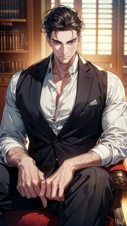 Masterpiece, Best quality, face, Natural eyes, 1人, European, big feet, Black socks, (No shoes), full bodyesbian, Naked, A naked male, Mature and handsome male, Men wear only underwear, large bulge, Long legs, view the viewer, 30 years old, musculous,mature, short detailed hair, Muscular man in a white shirt, Wear suit pants, Wear black socks, wearing leather shoes, The shirt buttons are undone, sitting in the couch,Leg extension, Office