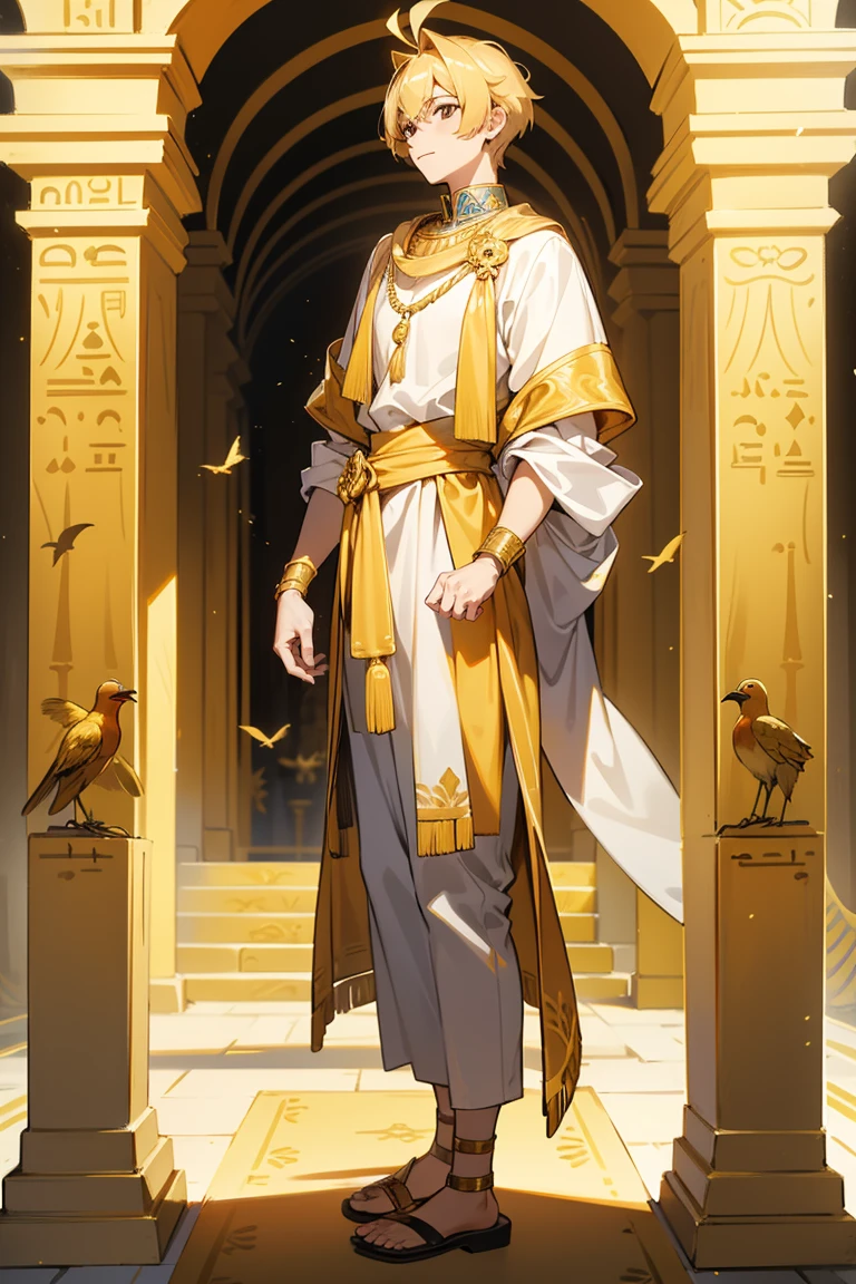  men,18 years old,Gold set,The King,bird, Sun,Short hair, golden hair,Full body,พื้นหลัง Sunสีส้ม,Pharaoh Costume, egyptian architecture background,ปีกbirdใหญ่,birdflyวน,fly, Face Details