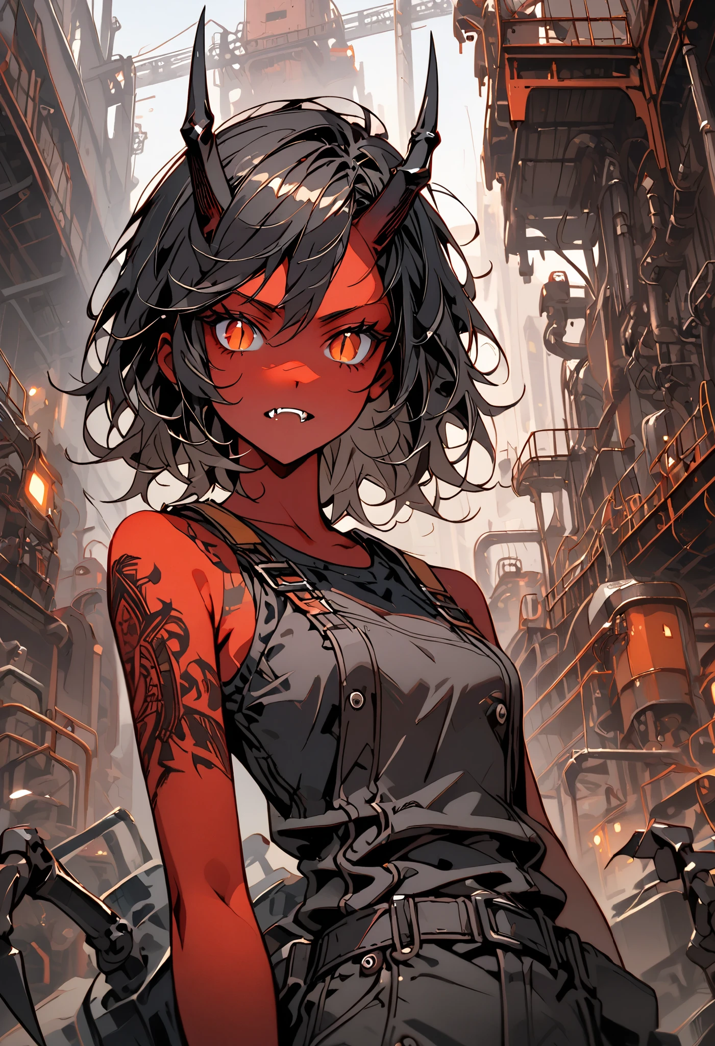 solo, female, oni, tomboy, attractive, close up, red skin, short black horns, orange eyes, slit pupils, short black hair, messy hair:0.3, fang tooth, black claws, tattoo, broad shoulders, stocky build, muscular, tight-fitting black tank top, working clothes, boots:0.3, factory, victorian, working at factory,