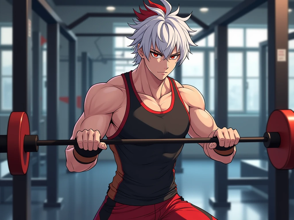gray hair and blue highlights, grey eyes (muscular) curves (expression of contempt) gym trainer tank top 