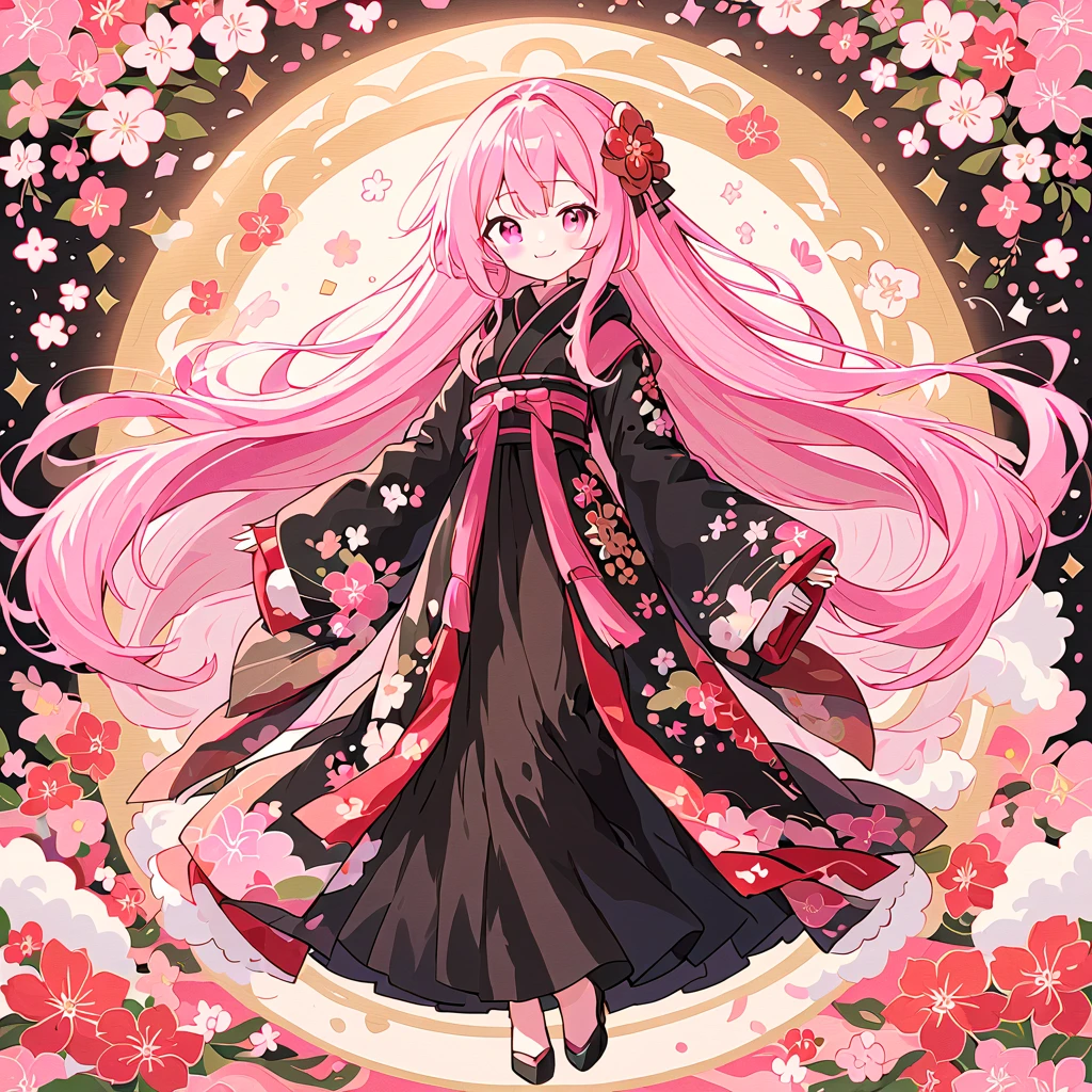 (masterpiece, absurd),(best quality, high quality:1.4),perfect design,(one girl, solo, , slim, medium chest, very long sleeves covering the wrists, light smile, closed mouth, pink hair, very long hair, pink eyes, long floral black kimono, long floral black kimono, floor-length furisode:1.2, fluffy fur scarf, black belt, slim girl:1.2),(upper body, new year's card background, very beautiful floral background),