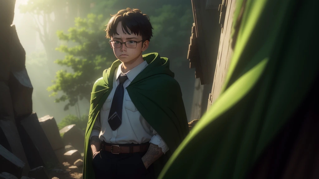 Boy、big round glasses、adventurer、、、、head down、lose、guilty、despondency、sad、repression、guilt、betrayal、chill、hurt、make up for、forgive、rounded glasses、green cape、full body、brown coat、white shirt、green tie、brown shorts、black boots、dynamic pose、1 person、splash art、exterior background、natural lighting、moody atmosphere、forest environment、realistic proportions、messy hair、subtle tear streaks、soft facial shadows、slightly flushed cheeks、visible emotion、conflicted expression、like features、fine texture on clothing、movement in the cape、dusty boots、intricate detailing on fabric、slight wind effect、focused composition、rich color depth、high contrast shading、detailed foliage backdrop、emotive storytelling pose、immersive perspective、slight tilt in head、downtrodden gaze、small hands、ish innocence、green cape, rich dark green fabric, slightly worn with frayed edges, tattered in places, flowing dramatically in the wind, draped over the shoulders, deep green shade, natural folds and creases, subtle light reflecting off the fabric, heavily textured fabric with slight distressed marks, slightly faded in some areas, vibrant green base color, shading near the edges, green hue consistent with natural lighting, creases showing movement, worn and weathered look, shadowing under the cape for added depth, natural fabric texture visible, ruffled and loose in motion, green tones blending with atmospheric lighting.