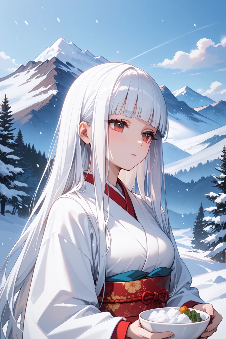 masterpiece,best quality,simple,minimalism,hime cut,beautiful japanese girl,(((straight white long hair))),bowl cut hair,troubled and groomed eyebrows,red eyes,slanted eyes,half opened eyes,white skin,white kimono red obi,simple background,snow,mountain,snowstorm,