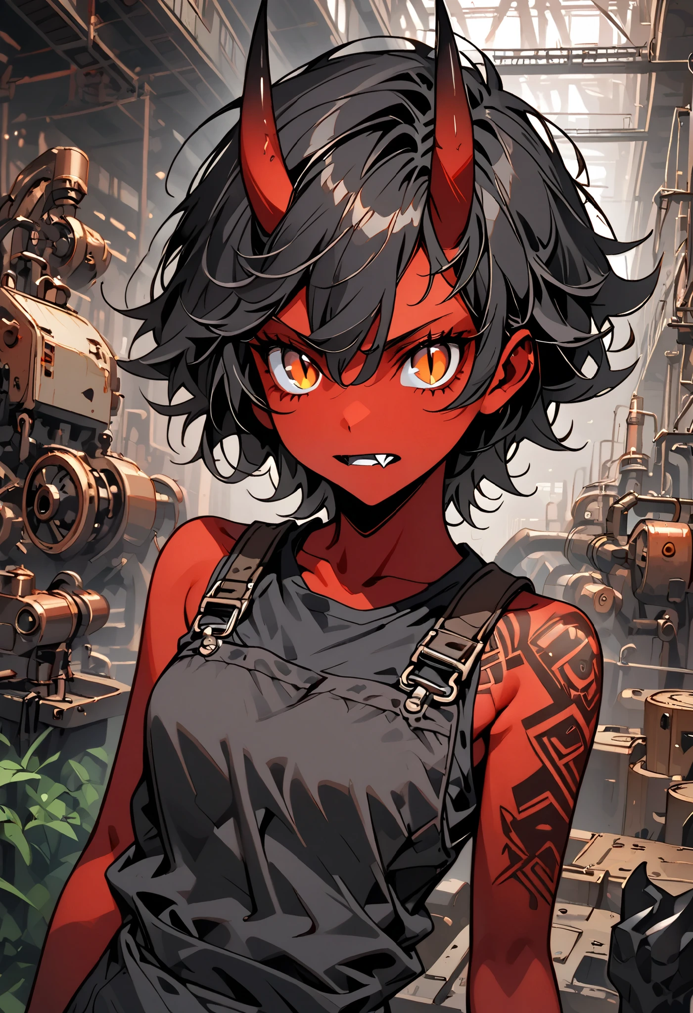 solo, female, oni, tomboy, attractive, close up, red skin, short black horns, orange eyes, slit pupils, short black hair, messy hair:0.3, fang tooth, black claws, tattoo, broad shoulders, stocky build, muscular, tight-fitting black tank top, working clothes, boots:0.3, factory, Victorian, working at factory, slighty bulky body, dark, indoors