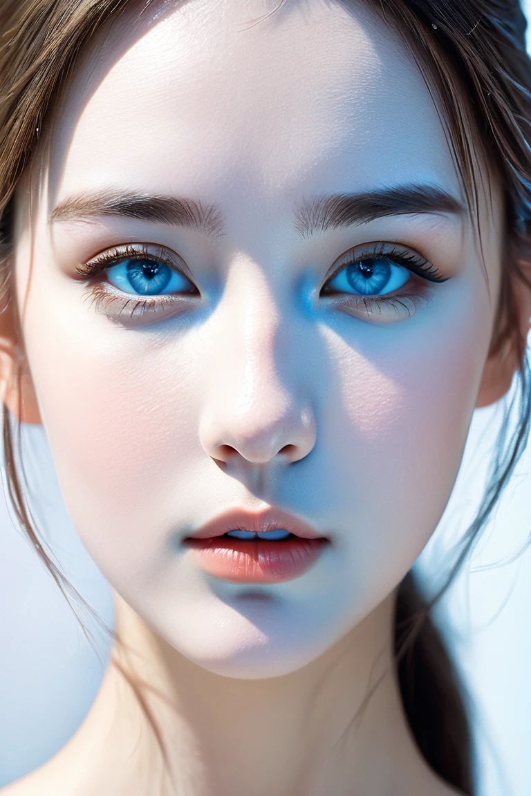  create a realistic image of a beautiful girl's face, the girl is breathing lightly blue from her nose, clear picture 