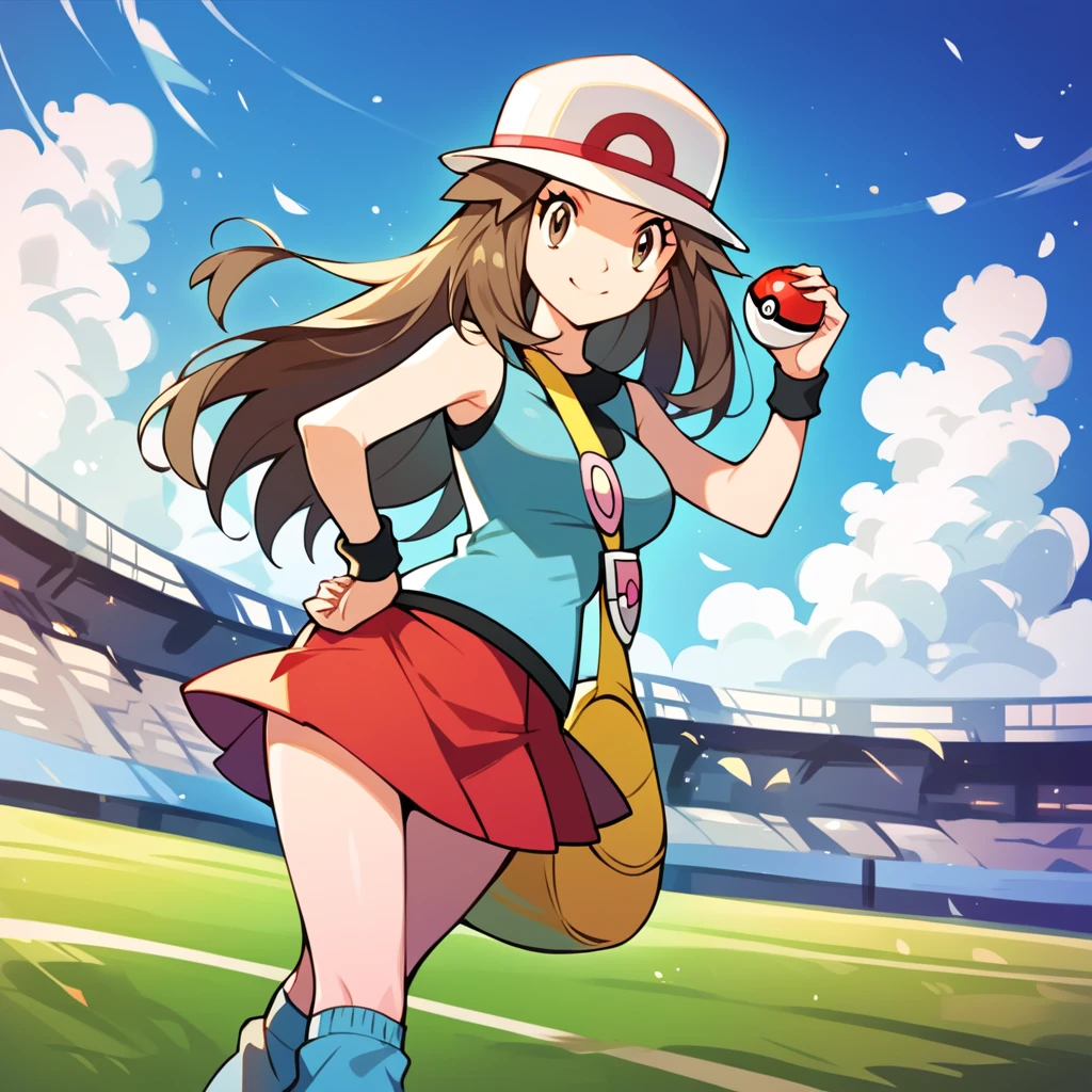 score_9, score_8_up, score_7_up, score_6_up, best quality, source_anime, cel shading, flat color, vector, detailed background, blue background, stadium, clouds, green floor, BREAK 1girl, solo, leaf_(\pokemon\), brown hair, long hair, brown eyes, white hat, blue sleeveless shirt, red skirt, blue socks, yellow duffle bag, wristbands, medium breasts, action pose, one hand on hip, smile, holding poke ball, 