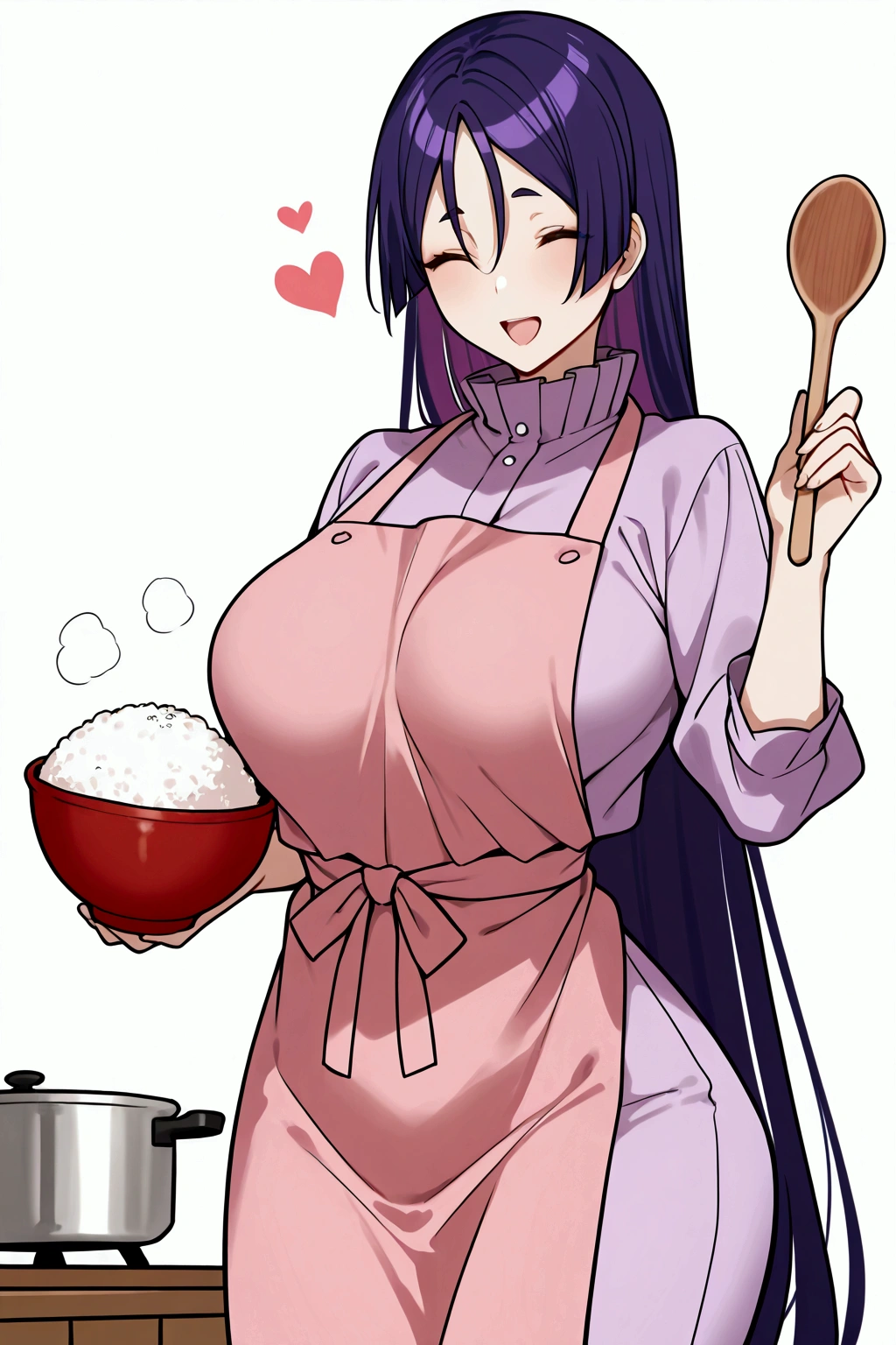 Solo, girl, Minamoto no raikou, minamoto outfit, long straight hair, purple hair, large soft and firm breasts, maternal look, thin waist, perfect hips, feminine position,serving rice in a bowl, wooden spoon, pot with rice, eyes closed, happy proud mother, apron, heart, , affectionate smile, violet eyes, long straight hair, happy open mouth, tall,   perfect scene , Masterpiece, score 9, anime colors, AMERICAN SHOT, beautiful, composition, HARMONY, high quality ,beautiful