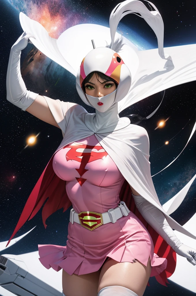 25yo,1girl, Jun The Swan, gatchaman, wearing gatchaman costume, good anatomy, masterpiece, best quality, realistic, hyperrealistic, 16k hdr, long hair, green eyes, lips, large breasts, lipstick, makeup, cape, swan image helmet, hornless, belt, elbow gloves, white gloves, mask, (pink miniskirt:1.3), leotard, spacesuit, white legwear, pink dress, superhero, bodysuit,(fighting pose,kicking:1.3),(spread legs:1.1), space ship, hand up,