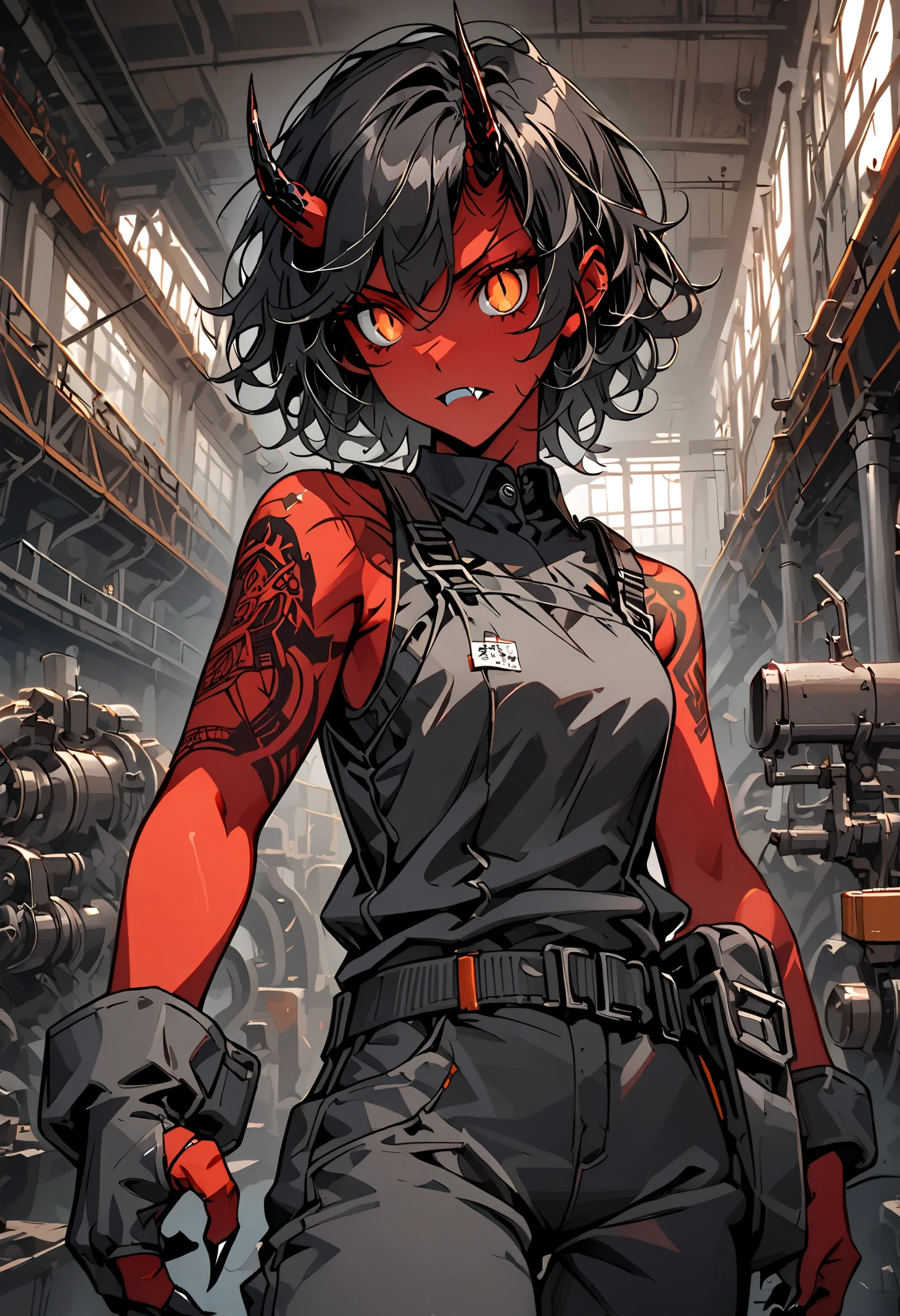 solo, female, oni, tomboy, attractive, close up, red skin, short black horns, orange eyes, slit pupils, short black hair, messy hair:0.3, fang tooth, black claws, tattoo, broad shoulders, stocky build, muscular, tight-fitting black tank top, working clothes, boots:0.3, factory, Victorian, working at factory, slighty bulky body, dark, indoors