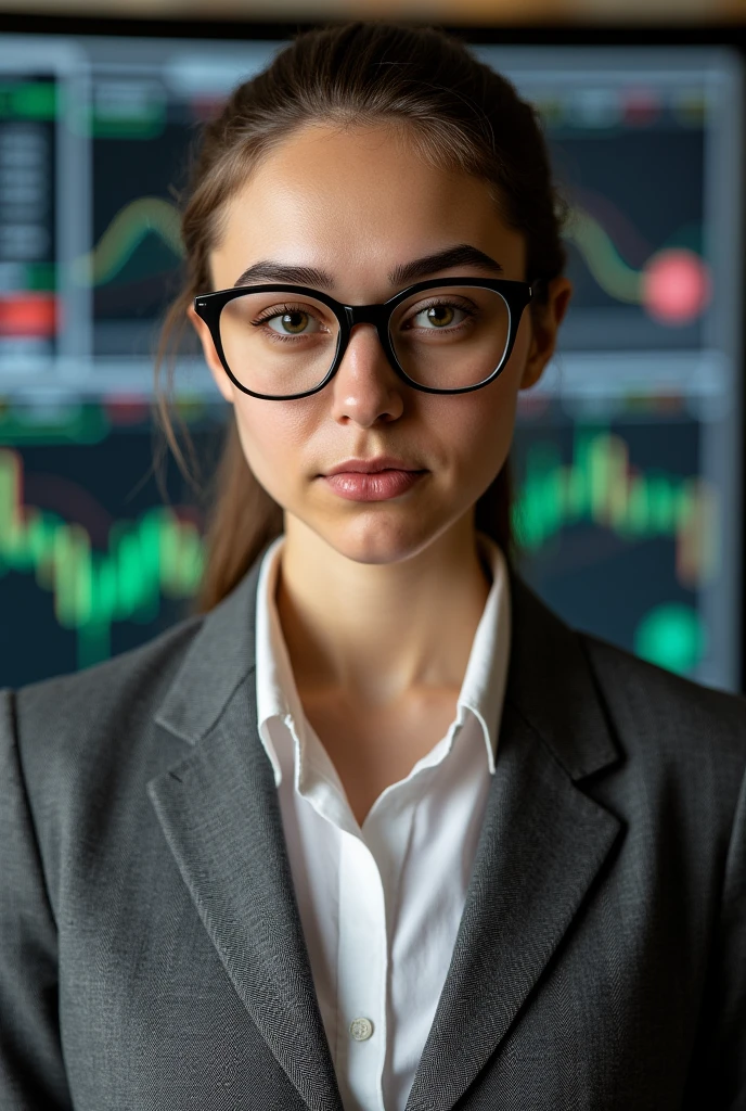 Ultra-realistic photographic portrait of an early 20s Russian office worker wearing a practical, slightly oversized gray business suit. Suit is from a mid-range professional brand, slightly wrinkled, with minimal tailoring. White blouse underneath, collar slightly askew. Thick black-rimmed glasses slightly crooked on her face. Hair pulled back in a simple, functional ponytail. Neutral, matter-of-fact expression with zero attempt at glamour. Unretouched skin showing natural complexion - mild blemishes, visible pores, slight redness around nose and cheeks. No makeup or minimal, practical makeup. Tired, focused eyes looking directly forward. Soft, harsh office fluorescent lighting casting neutral shadows. Background shows typical corporate environment with a forex trading monitor displaying dense financial data charts. Documentary-style photography emphasizing absolute professional authenticity. No attempt to idealize or beautify - pure representation of a young office professional in a standard corporate setting