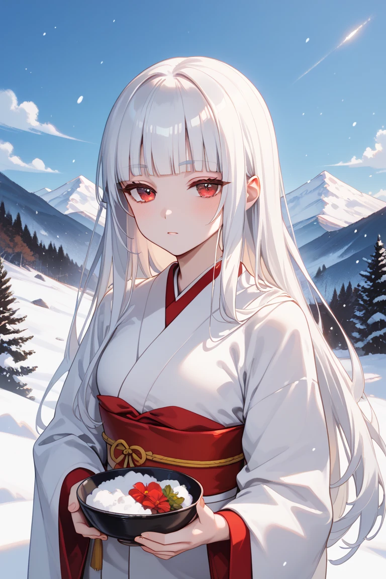 masterpiece,best quality,simple,minimalism,hime cut,beautiful japanese girl,(((straight white long hair))),bowl cut,troubled and groomed eyebrows,red eyes,slanted eyes,half opened eyes,white skin,white kimono red obi,simple background,snow,mountain,snowstorm,