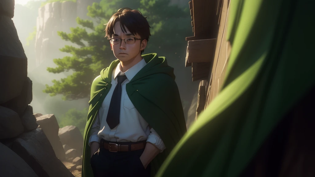 Boy、big round glasses、adventurer、、、、head down、lose、guilty、despondency、sad、repression、guilt、betrayal、chill、hurt、make up for、forgive、rounded glasses、green cape、full body、brown coat、white shirt、green tie、brown shorts、black boots、dynamic pose、1 person、splash art、exterior background、natural lighting、moody atmosphere、forest environment、realistic proportions、messy hair、subtle tear streaks、soft facial shadows、slightly flushed cheeks、visible emotion、conflicted expression、like features、fine texture on clothing、movement in the cape、dusty boots、intricate detailing on fabric、slight wind effect、focused composition、rich color depth、high contrast shading、detailed foliage backdrop、emotive storytelling pose、immersive perspective、slight tilt in head、downtrodden gaze、small hands、ish innocence、green cape, rich dark green fabric, slightly worn with frayed edges, tattered in places, flowing dramatically in the wind, draped over the shoulders, deep green shade, natural folds and creases, subtle light reflecting off the fabric, heavily textured fabric with slight distressed marks, slightly faded in some areas, vibrant green base color, shading near the edges, green hue consistent with natural lighting, creases showing movement, worn and weathered look, shadowing under the cape for added depth, natural fabric texture visible, ruffled and loose in motion, green tones blending with atmospheric lighting.