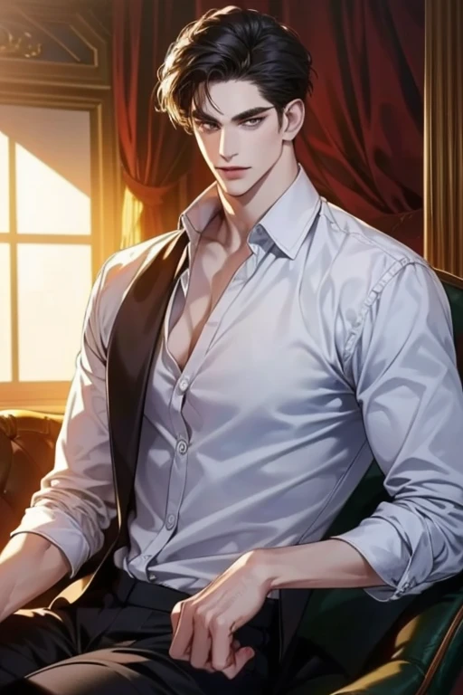 Wet Sexy man, male in a wet white shirt and tan pants sitting on a chair, big chest, handsome man, handsome guy, handsome stunning realistic, portrait of a handsome man, clothed in wet white shirt, sweat, ((best quality)), ((masterpiece)), (detailed)