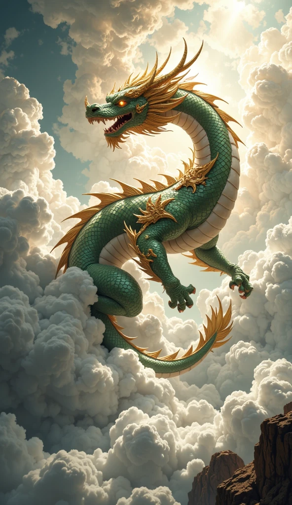  improve your luck　Good luck　Dragon God　A dragon that rises a little further　Light　null　cloud　white　green　gold　 bright 