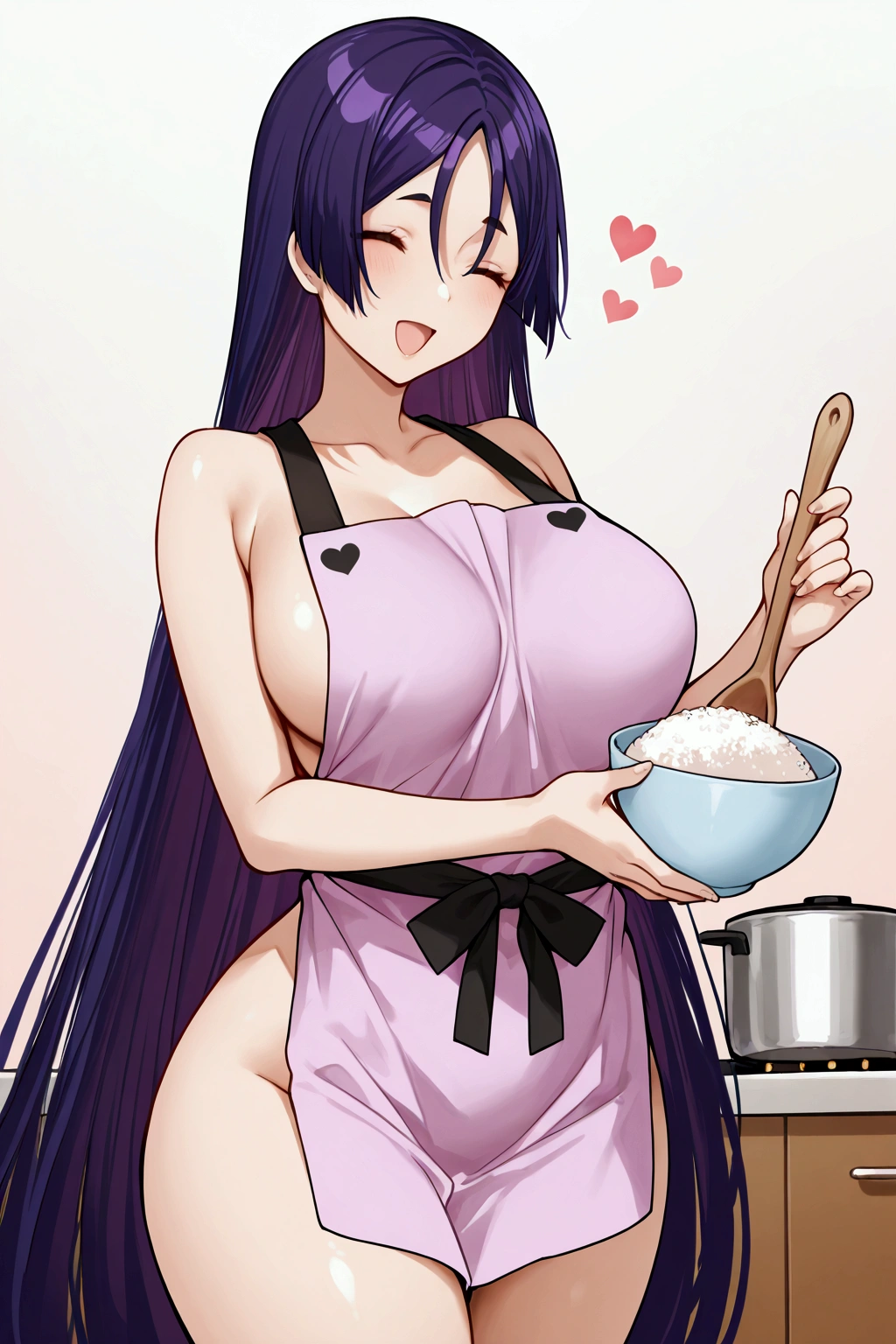 Solo, girl, Minamoto no raikou, naked using apron, long straight hair, purple hair, large soft and firm breasts, maternal look, thin waist, perfect hips, feminine position,serving rice in a bowl, wooden spoon, pot with rice, eyes closed, happy proud mother, apron, heart, , affectionate smile, violet eyes, long straight hair, happy open mouth, tall,   perfect scene , Masterpiece, score 9, anime colors, AMERICAN SHOT, beautiful, composition, HARMONY, high quality ,beautiful