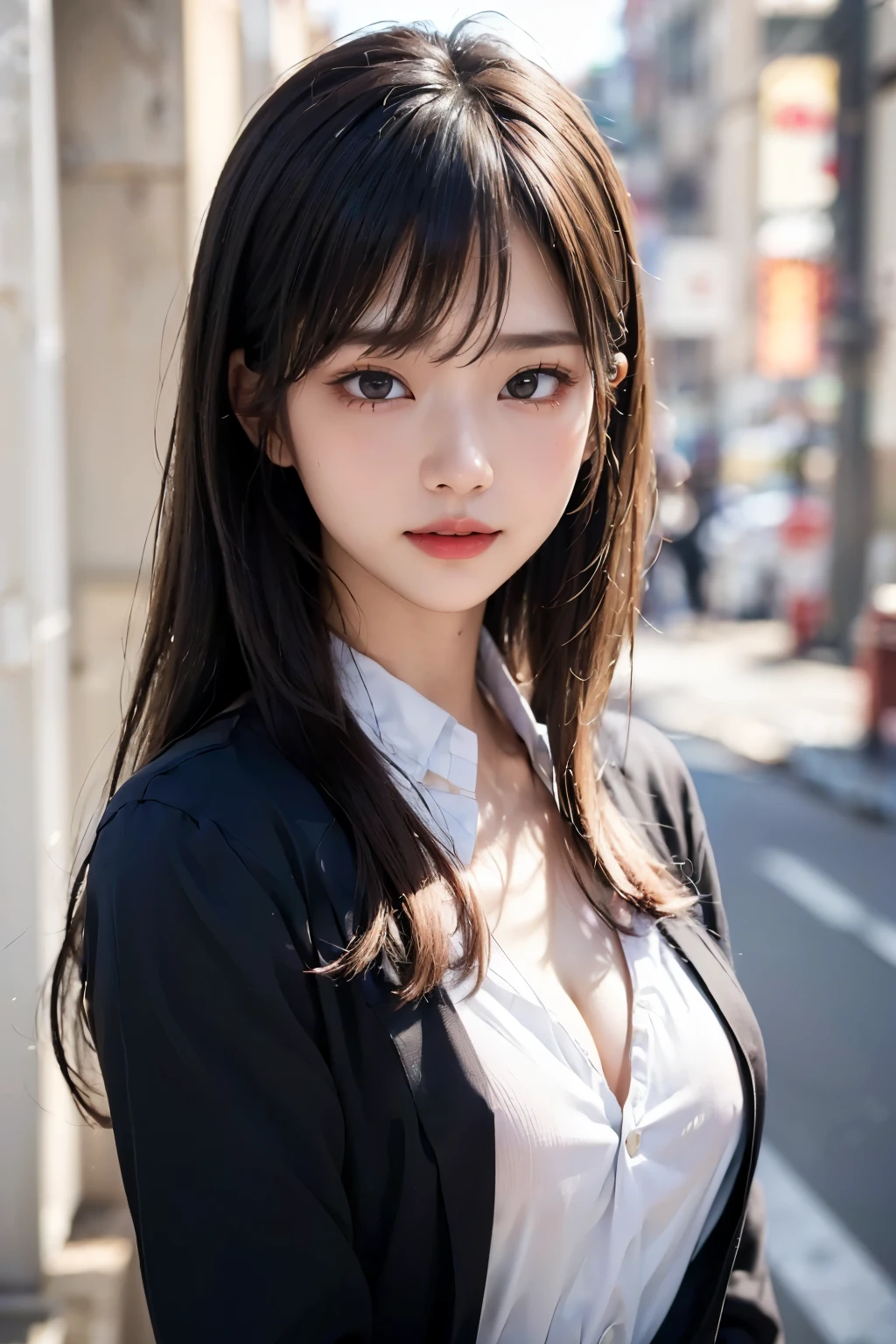 (masterpiece, best quality:1.2), 8k, 85mm, official art, raw photo, absurdres, violaceaess, rosaceaess, gardeniass, beautiful girl, pretty face, close up, upper body, cinch waist, black tailored suit, suit jaket, V-neck shirt, looking at viewer, cleavage, film grain, chromatic aberration, sharp focus, facelight, clear lighting, detailed face, (bokeh background:1.2)