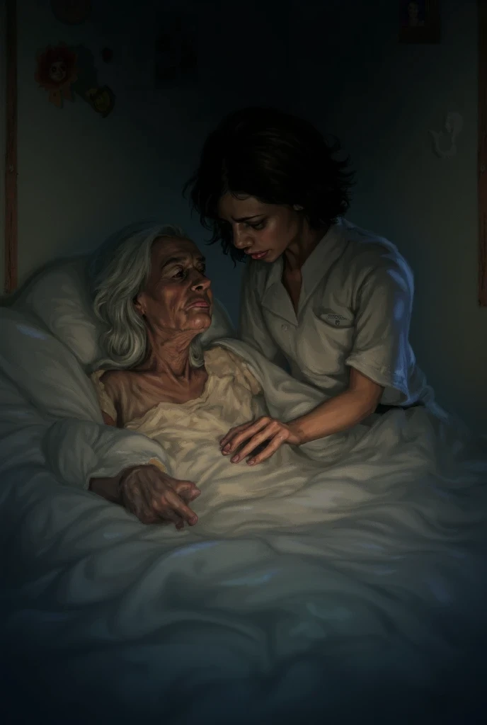 masterpiece, (old granny 90yo:1.4), Large breast hidden under shirt, 8k, (spread legs:1.2), (silk white clerical dress:1.6), (((close eyes open mouth))), (((lying down on bed))), sleeping, (from belove:1.4)