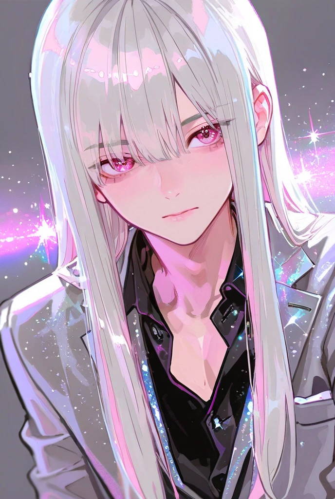  1 man,Gray Hair, Straight Hair,  shortcuts, pink eyes,  glitter effect ,  Background Blur,  grey suit