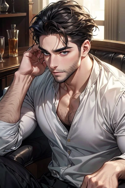 ((best quality)), ((masterpiece)), (detailed),  1guy, chest hair, arm hair, black hair, open white dress shirt, black dress pants, black dress shoes, black eyes, vampire, stubble, 2-d illustration
