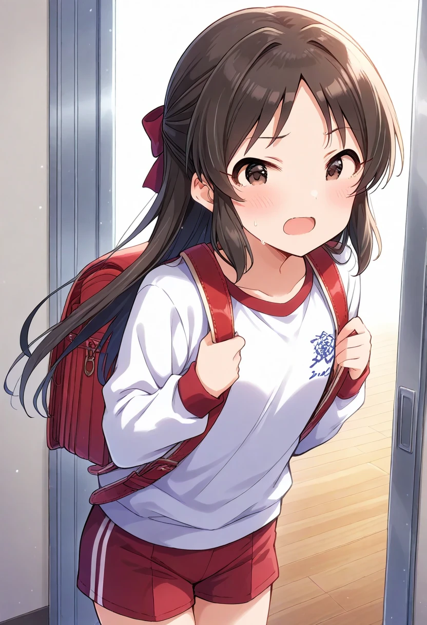 Turn your gaze to the viewer　 from behind 　　 lower angle 　winter　１ girls　Cute gym clothes　cute workout clothes 　Long sportswear 　long sleeve workout clothes　Bloomers　Bloomers1：5　Bloomersの食い込みをなおす　Bloomersを整える　 Sports Fields　Tachibana Arisu 　Deremasu　Deresute　 idolmaster