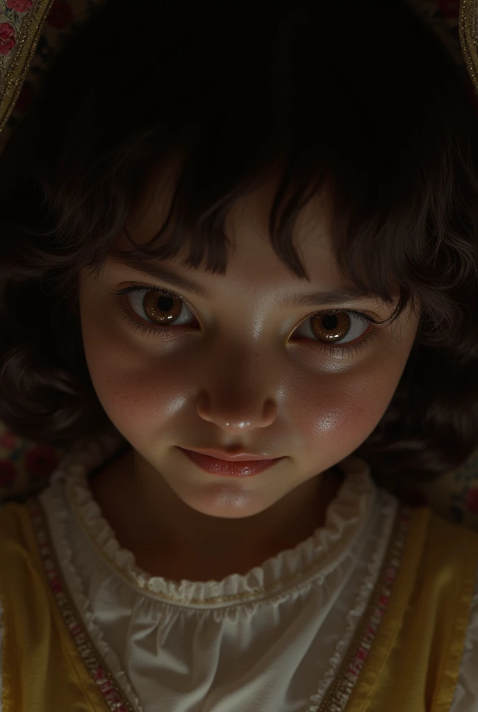 Night room, dark room, completely darkened room, tv on, sepia, grainy, eerie environment. creepypasta is a scary entity in the form of a woman with very big eyes and a very sad, sad look. pino daeni, charlie bowett, albert joseph penaud, ray caesar
