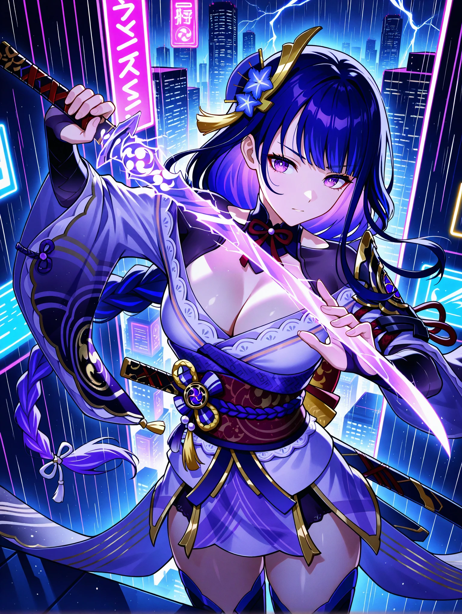 Imaginary, Face Focus, sanpaku, Half closed eyes,smiling mischievously, A look that came up with a bad thing,Cat's ears,Her hair is black、Short hairstyle, ,Her skin is pale, A rainbow and a whirlpool of purple flames enveloped me like a snake in an interstellar wind,Holding the Sword of Darkness,dual-wielding,Unleash the Blade of Light,Breasts are a great cutting board,She smiles mischievously, She holds a samurai sword in the middle, Highest Quality, Black kimono or kimono,Raise a whirlpool of flames, ((sanpaku))((Proud)), 8 Blue Light Sword,Black smoke blade,Lens Flare, Big rainbow,The moon shines,Star chips, bloom, ((light glow)), chromatic abberation], Digital Painting,the complex background,intricate landscapes, Insane details, Intricate details, Beautifully color graded, Unreal Engine, Cinematic , colour grading, Editorial Photography , Photography, Photo Shot, Shot on 70mm lens, depth of fields, degrees of freedom, Tilt Blur, Shutter Speed 1/1000, h/22