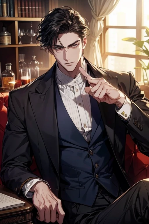 ((One young man with a black suit and tie)), gotham, alejandro, (((side swept black short hair))), (dark green eyes and thick eyebrows), smirk, ((20 years old)), ((masterpiece)), (cinematic lighting), hold a glass of wine