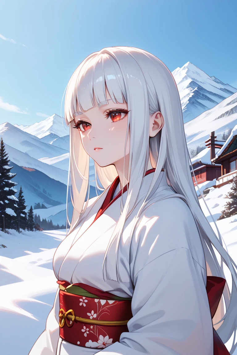 masterpiece,best quality,simple,minimalism,hime cut,beautiful japanese girl,(((straight white long hair))),troubled and groomed eyebrows,red eyes,slanted eyes,half opened eyes,white skin,white kimono red obi,simple background,snow,mountain,a blizzard of snow