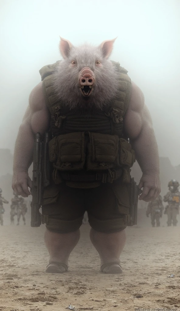 giant man,bodybuilder, gray hair and beard, face of a 45-year-old man, with gorilla nose and teeth, angry eyes, very hairy, strong and muscular, angry street, military backpack, tactical, realistic epic, photo, full body, seen from below, faded, complex things around, intricate background, soaked, neutral colors, (((((hdr)))), ((((soft colors)))), intricate scene,  artistic station, intricate details, vignette