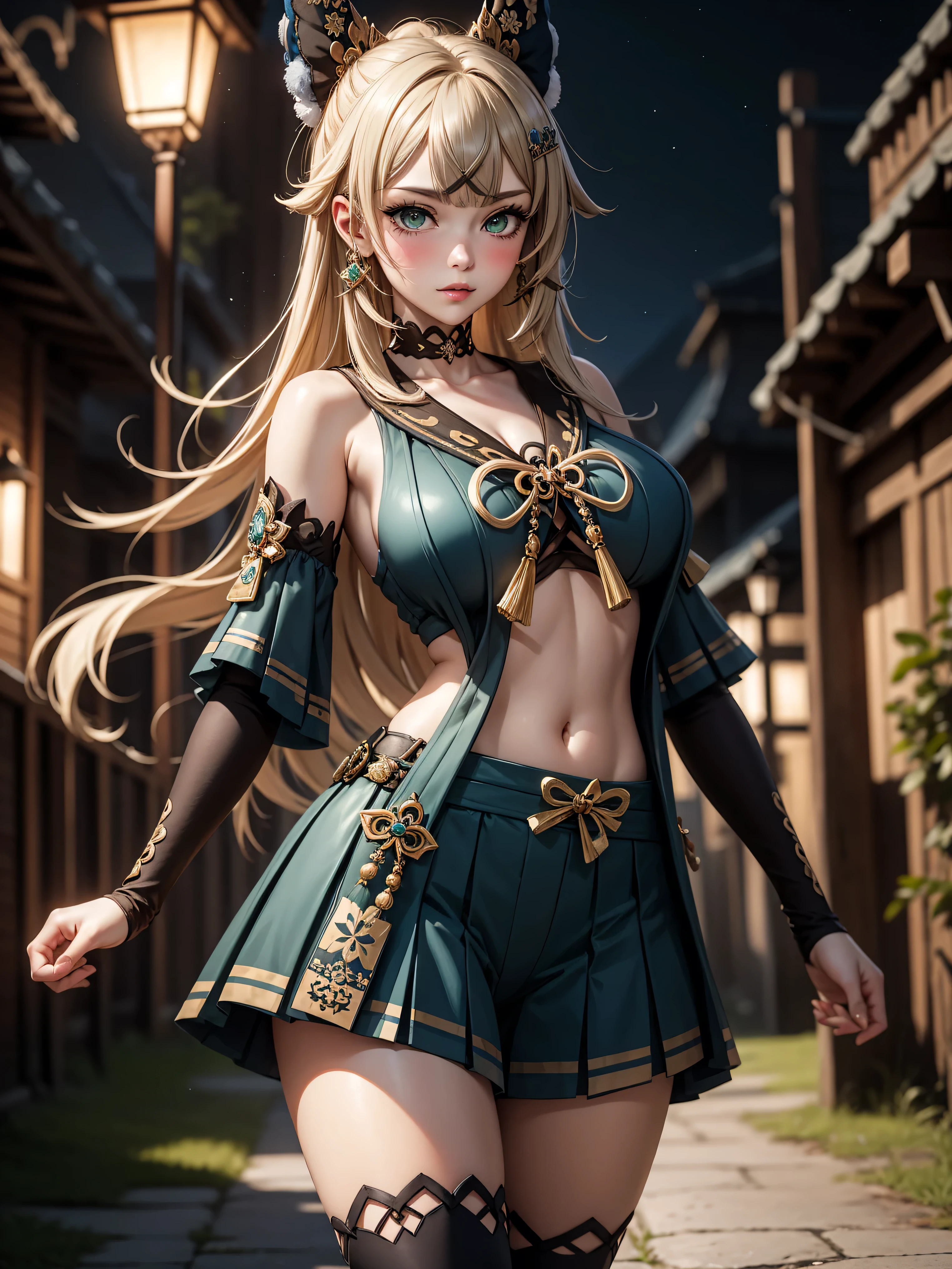 Masterpiece, high quality, blurry background, hd, 4k, night,kiraradef, (gigantic breasts), outdoors, standing, blush, looking at viewer, dynamic poses,