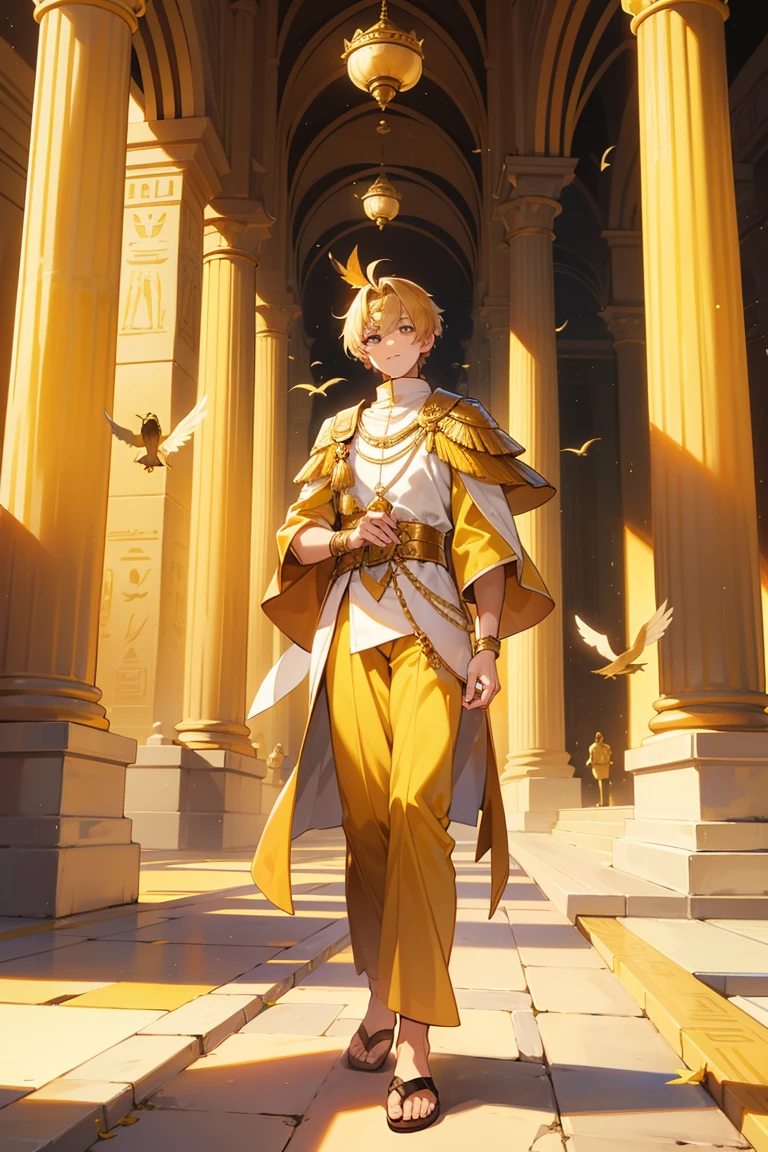  men,18 years old,Gold set,The King,bird, Sun,Short hair, golden hair,Full body,พื้นหลัง Sunสีส้ม,Pharaoh Costume, egyptian architecture background,ปีกbirdใหญ่,birdflyวน,fly, Face Details