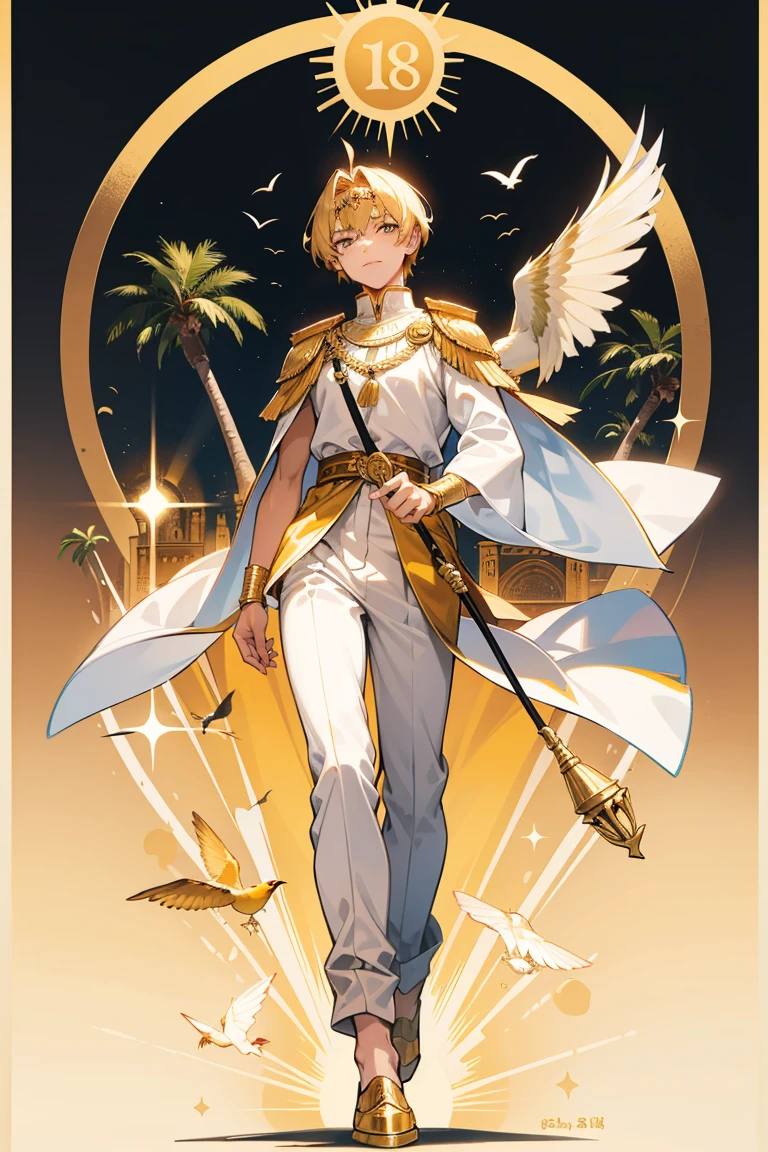  men,18 years old,Gold set,The King,bird, Sun,Short hair, golden hair,Full body,พื้นหลัง Sunสีส้ม,Pharaoh Costume, egyptian architecture background,ปีกbirdใหญ่,birdflyวน,fly, Face Details