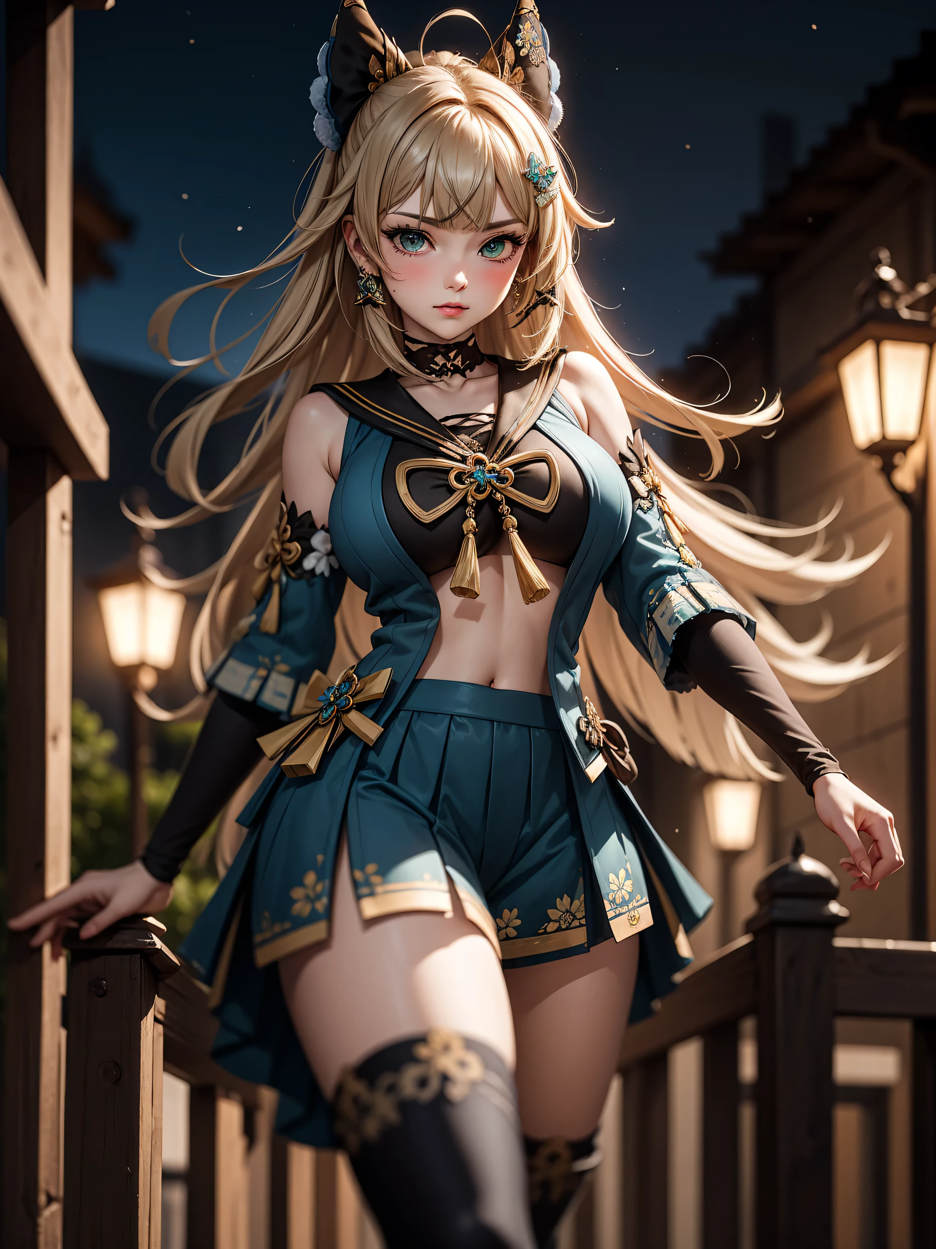 Masterpiece, high quality, blurry background, hd, 4k, night,kiraradef, (gigantic breasts), outdoors, standing, blush, looking at viewer, dynamic poses,