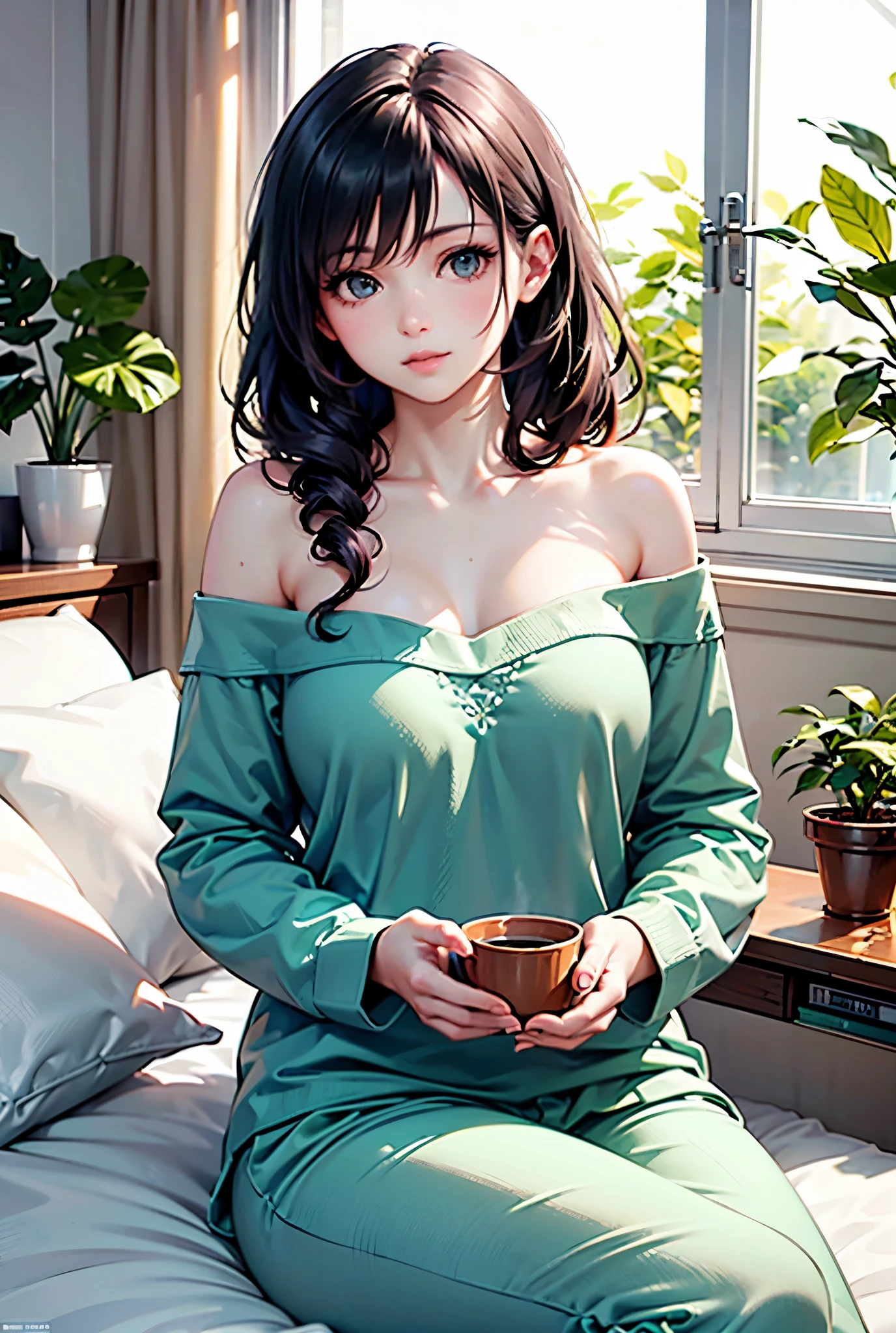 (photorealism:1.2), beautiful woman, sitting on bed, wearing loose off-shoulder top, pajama pants, long curly hair, indoors, soft lighting, plants in background, window with sunlight, cozy room, relaxed pose, realistic, intricate details, warm colors, by Greg Rutkowski, by Alphonse Mucha