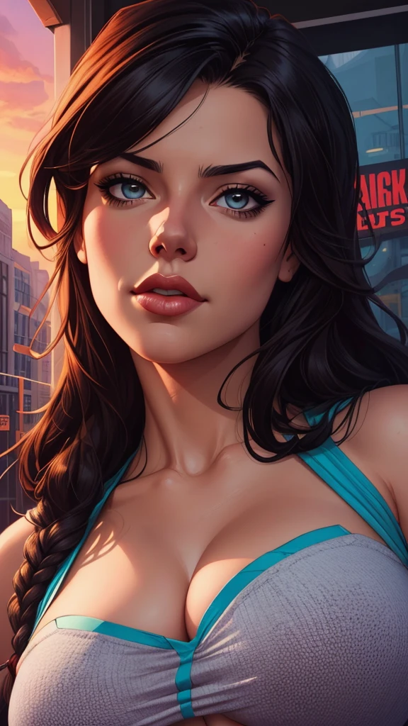 Personagem mulher estilo atompunk Fallout 4 cabelos pretos  atriz Ella Purnell com marcas de guerras Imagem de desenho animado de uma mulher .Ilustracaoo estilo desenho animado, estilo de arte dos desenhos animados, estilo de arte dos desenhos animados, digital illustration style, estilo atompunk design de personagens altamente detalhado, arte digital detalhada coragem,actress Ella Purnell with black hair slim body Forest fan art, Design de cabelos pretos personagens de retrato, beautiful digital illustration, retrato de alta qualidade, Arte em quadrinhos, s . Eyelined eyes, medium bust and wonderful sexy clothes. image expression of sexual desire from waist to head illustration atompunk style Fallout 4 The perspective is from below, enfatizando a majestade e o poder da Gigante."atriz Ella Purnell cabelos pretos