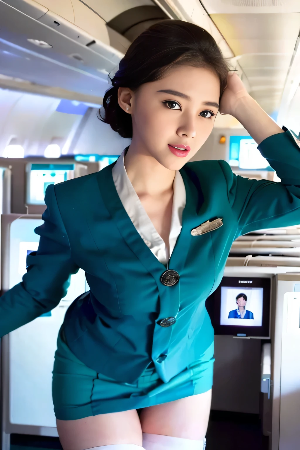 Top Quality, Masterpiece, 8K, Ultra High Definition, (Photorealistic: 1.4), 1 Girl, Beautiful Face, Symmetrical Eyes, Big, Perfect Body Proportions, Stewardess Uniform, Viewer's Look, (Inside the Airplane: 1.2), Front View, Shoulder Jump, Absolute Area (1.3),