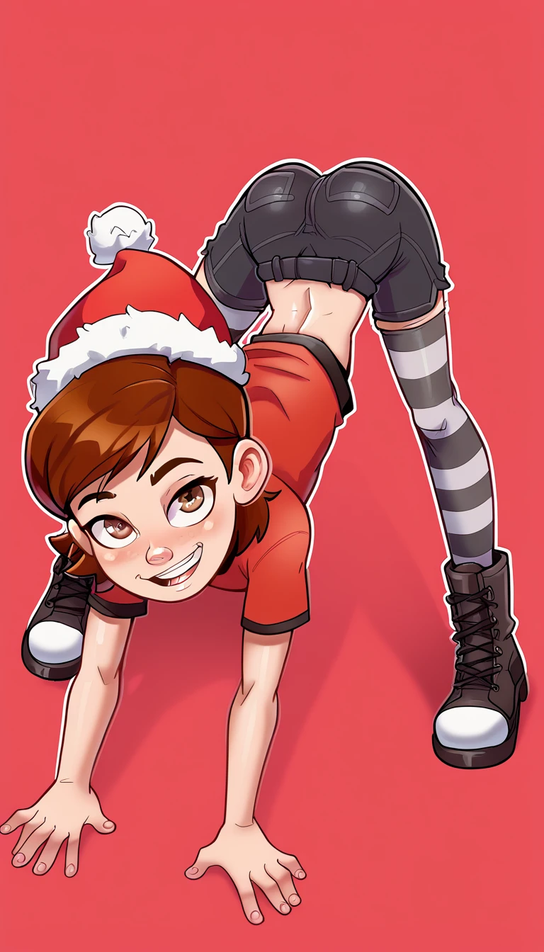 1girl, full body, solo, penny, brown hair, short hair, brown eyes, alone, red T-shirt over a brown long-sleeved shirt, denim black shorts, black and white striped tights, alongside brown socks with a red line and brown boots, spread legs, Head down, ass up, naughty Smile, wearing a Christmas Hat, Red And White Stripped Background, Andystyle