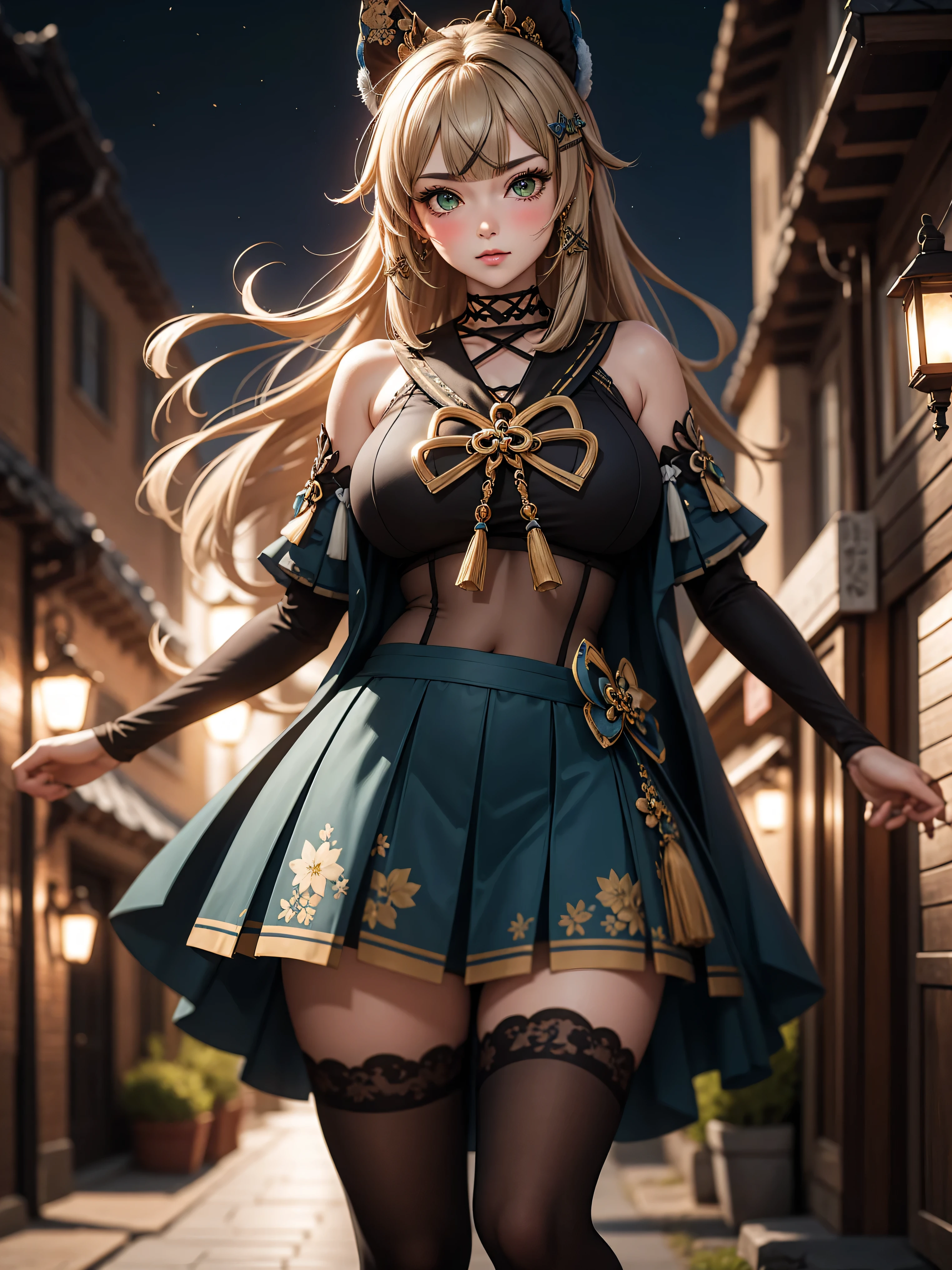 Masterpiece, high quality, blurry background, hd, 4k, night,kiraradef, (gigantic breasts), outdoors, standing, blush, looking at viewer, dynamic poses,
