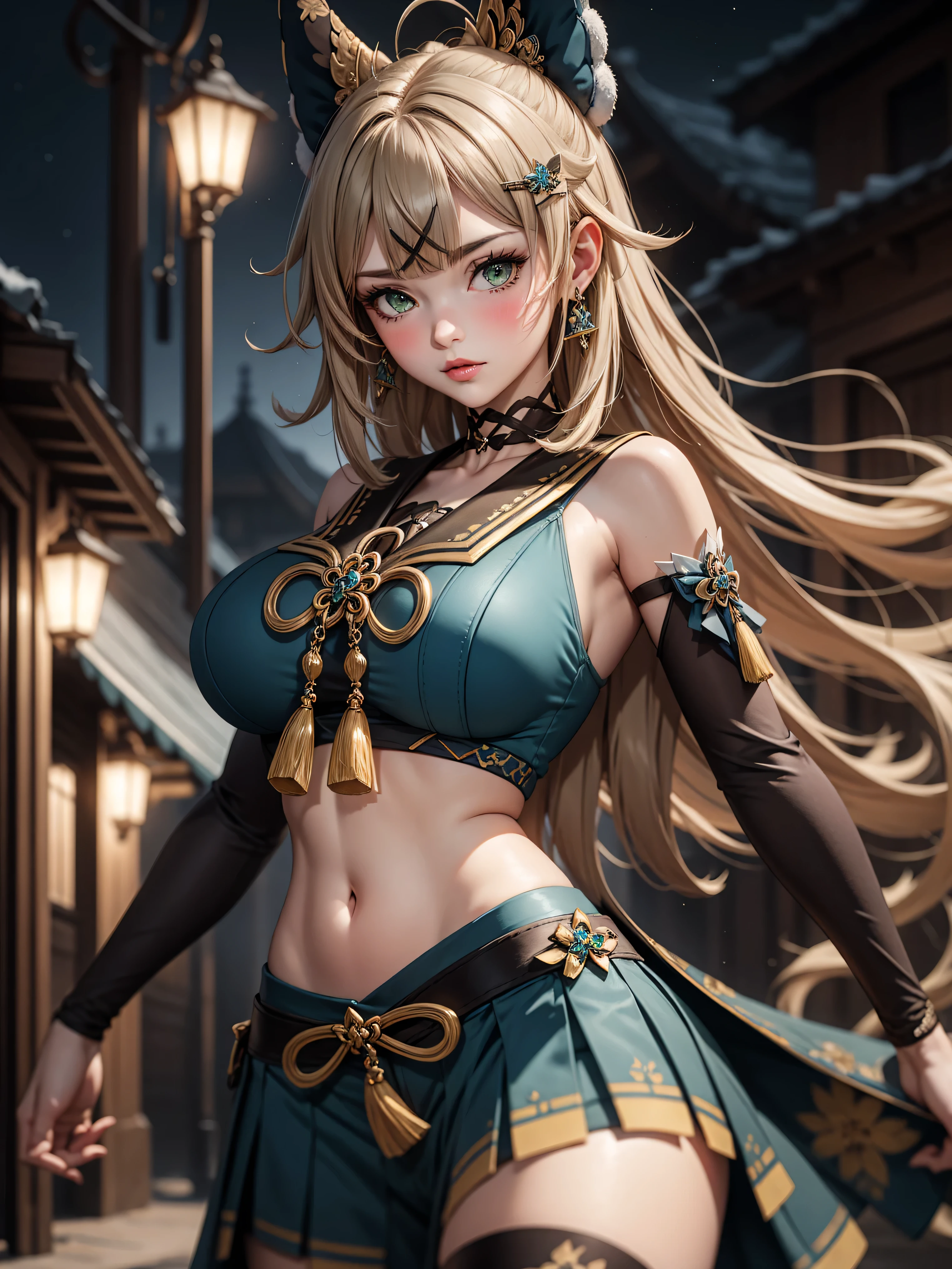 Masterpiece, high quality, blurry background, hd, 4k, night,kiraradef, (gigantic breasts), outdoors, standing, blush, looking at viewer, dynamic poses,