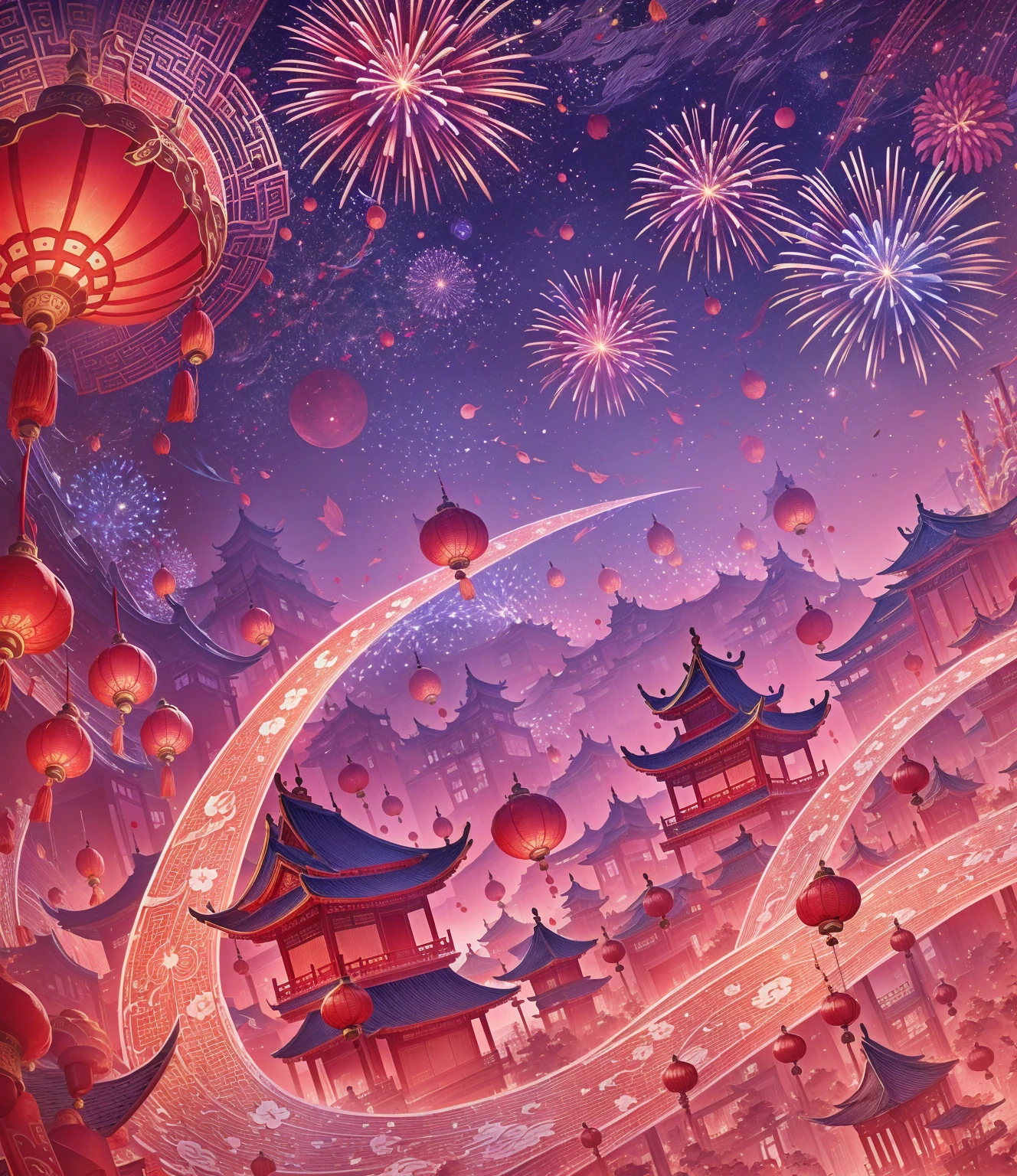 Chinese house style. background with a lunar new year theme, fireworks in the sky, bold and slim lines, galaxy sky