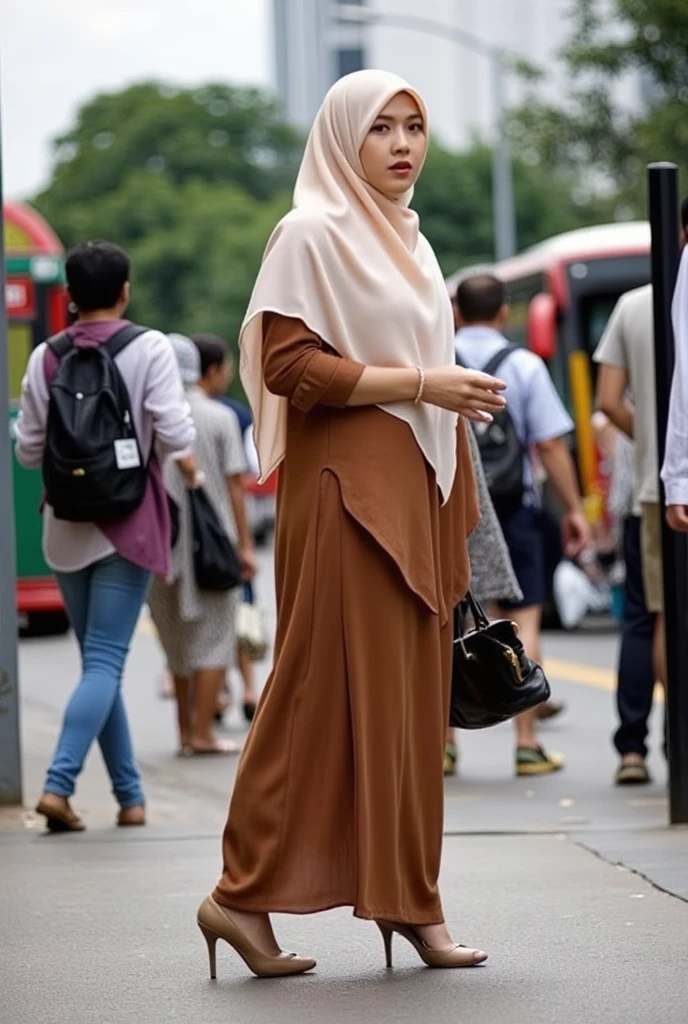 indonesian aunty,  hijab Pasmina cream color ,wear a brown ,  jazz blazzer and wear a wide thigh-split brown skirt , big round buttocks protruding backwards ,  poses walking gracefully next to a bus ,one hand carrying bag ((shows her round ass and her posterior body)),  and wearing high heels . background on the roadside ,  is filled with people about to board the bus ,  in the afternoon cloudy weather . (( very bright photo lighting )), ((detailed photo)), ((32k)), (( RAW photo)), (( Canon EOS 6D Mark II camera  )). 