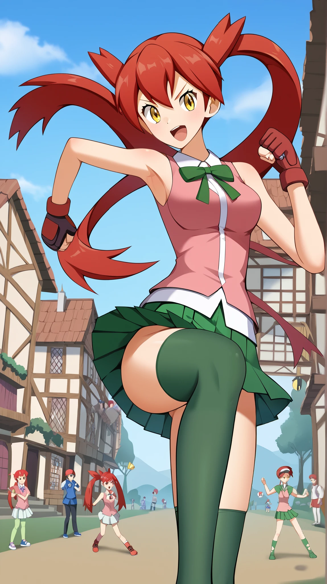 (( top quality )), ((masterpiece)), (( Details)), 1girl, Red hair color,  twin tails,  long hair, Yellow Eyes,  pink sleeveless shirt without gloves,  Green Pleated Mini Skirt ,  black knee-high stockings ,  absolute domain, orange laces , Fighting expression,  upper-turn kick,  nothing,  Tall,  ANIME COLORING BOOK, 1 Female, Age 18, whole body,  slim figure, town, (\ Pokémon\),  score_9,  score_8_Excellent,  score_7_Excellent,  score_6_Excellent,  Source_Anime,  Cell Shading,  flat color, vector, Ample breasts, Two legs, two arms,
