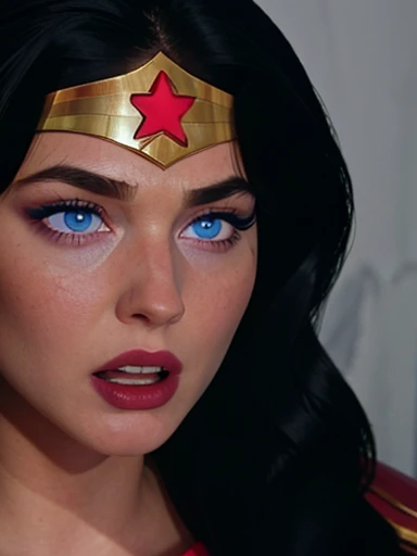  Wonder Woman ,  pretty face and blue eyes pink cheeks full and red lips and makeup,   long black hair , headband with star on the forehead , close up masterpiece of 8k wallpaper  