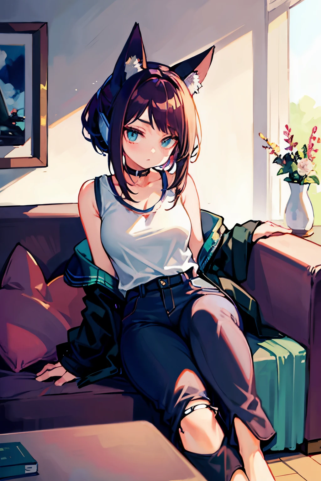 ((  best quality)), (( )),   masterpiece, absurdities, (  detailed eyes  ,   deep eyes  ), ( a girl),   arms crossed, Jirou,   leg-length hair ,  brown hair with turquoise hair tips,   straight bangs, sideburns, turquoise blue eyes, purple headphones,   Fox ears, long earlobes,   big breasts,   pink shirt, torn shirt,   black jacket  ,   pants  , ,   black choker  , (inside,   in a living room  )